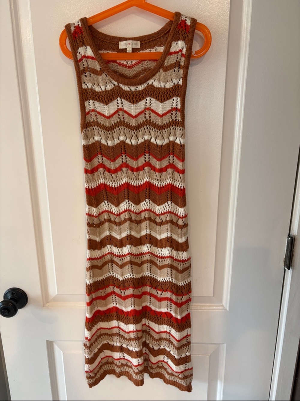 Unworn Ultra Flirt Brown, White, Red Crochet Swim Coverup/Dress - size small